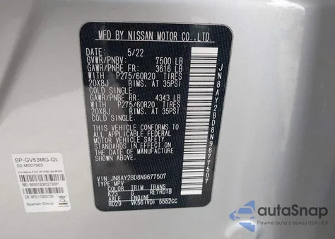 2022 Nissan Armada Sl 4Wd from USA, damaged, VIN JN8AY2BD8N9677507